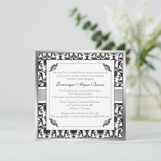 Elegant Damask Swirl Invite [Silver] Kaart (Staand voorkant)