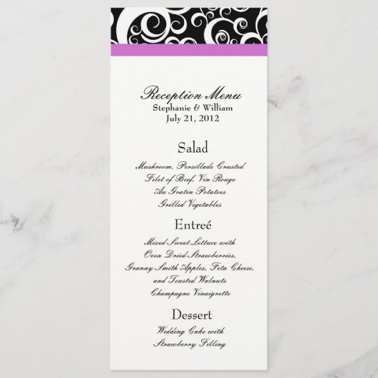 Elegant Damask Swirls Reception Menu in Paars (Voorkant)