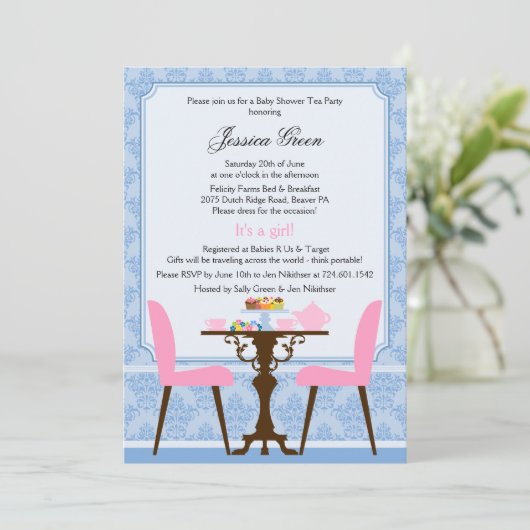 Elegant Damask Tea Party Invitation Kaart (Staand voorkant)