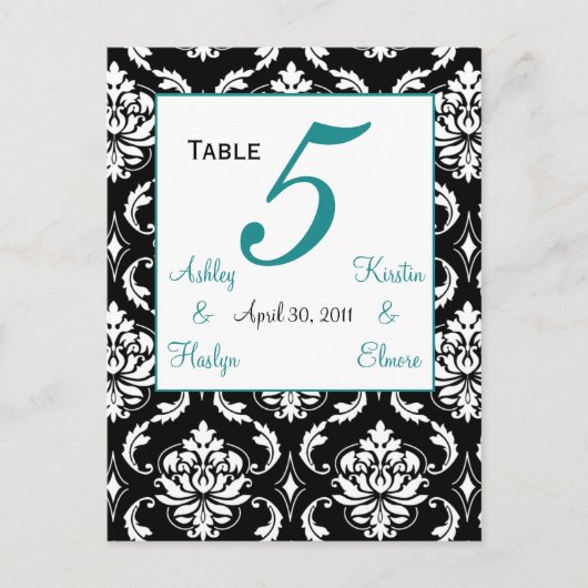 Elegant Damask Trouwtafel Nummer Kaart Jade (Voorkant)