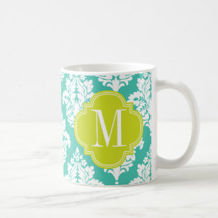 Elegant Damask Turquoise & green Custom Monogramme Koffiemok