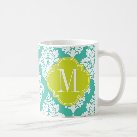 Elegant Damask Turquoise & green Custom Monogramme Koffiemok (Rechts)