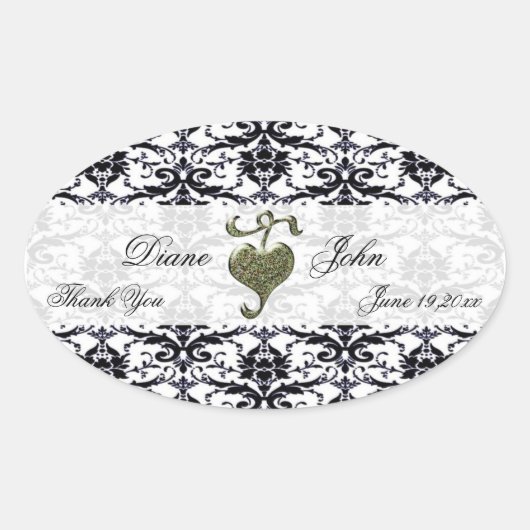 Elegant Damask Wedding Bedankt Ovale Sticker (Voorkant)