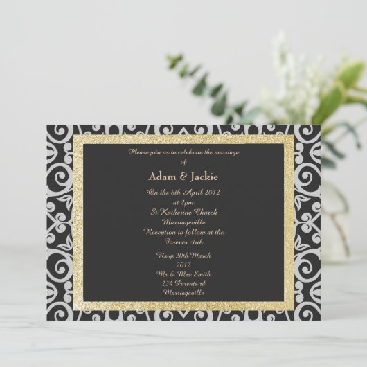 ELEGANT Damask WEDDING BLACK SILVER MODERN Kaart (Staand voorkant)