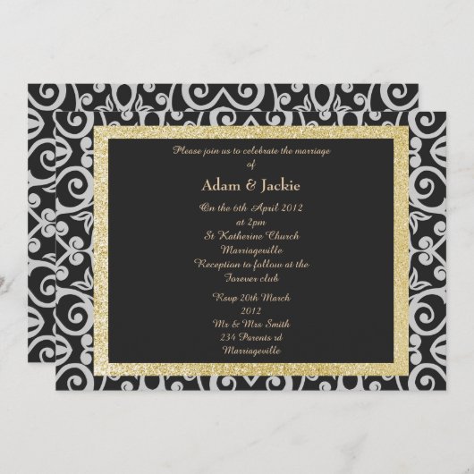 ELEGANT Damask WEDDING BLACK SILVER MODERN Kaart (Voorkant / Achterkant)