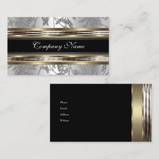 Elegant Damask Zilver Pewter Chrome Metaal Zwart Visitekaartje (Voorkant / Achterkant)