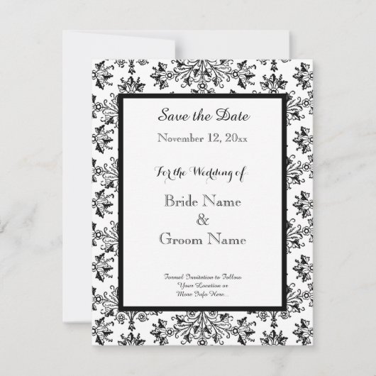 Elegant Damask Zwart Wit Custom Sla de datum op Kaart (Voorkant)