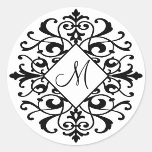 Elegant Damask Zwart Wit Scroll Monogram Initiaal Ronde Sticker