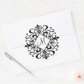 Elegant Damask Zwart Wit Scroll Monogram Initiaal Ronde Sticker (Envelop)