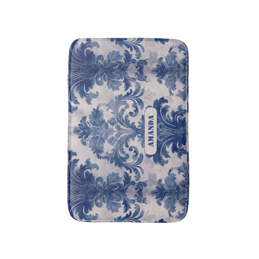 Elegant damast Blauw toile de jouy monogram Badmat (Voorkant Verticaal)