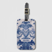 Elegant damast Blauw toile de jouy monogram Bagagelabel (Voorkant (verticaal))