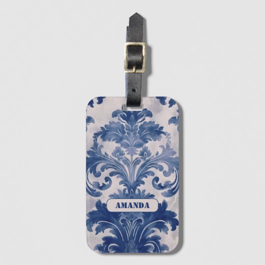 Elegant damast Blauw toile de jouy monogram Bagagelabel (Voorkant (verticaal))