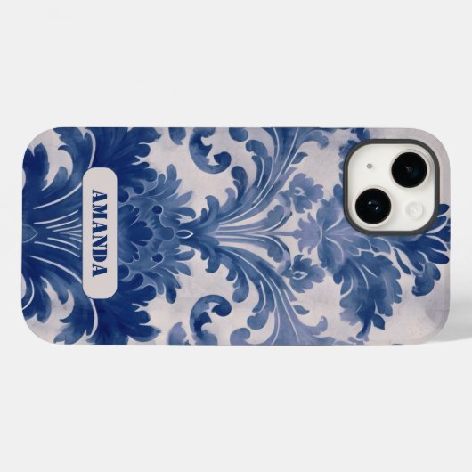 Elegant damast Blauw toile de jouy monogram Case-Mate iPhone Case (Achterkant (horizontaal))