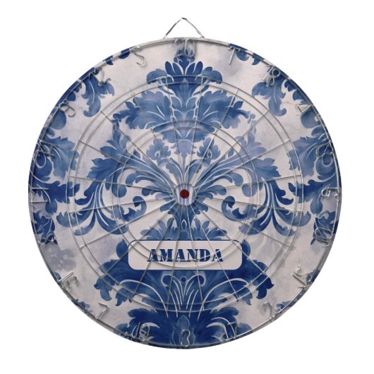 Elegant damast Blauw toile de jouy monogram Dartbord (Voorkant)