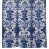 Elegant damast Blauw toile de jouy monogram Douchegordijn (Voorkant)
