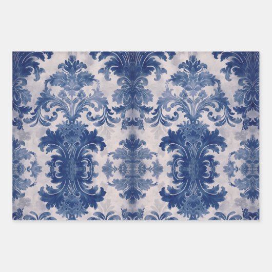 Elegant damast Blauw toile de jouy monogram Inpakpapier Vel (Voorkant)