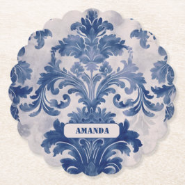 Elegant damast Blauw toile de jouy monogram Kartonnen Onderzetters
