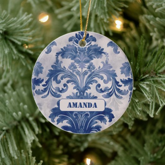 Elegant damast Blauw toile de jouy monogram Keramisch Ornament (Boom)