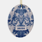 Elegant damast Blauw toile de jouy monogram Keramisch Ornament (Rechts)