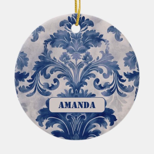 Elegant damast Blauw toile de jouy monogram Keramisch Ornament (Voorkant)