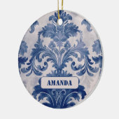 Elegant damast Blauw toile de jouy monogram Keramisch Ornament (Links)