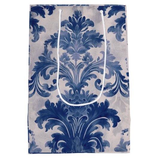 Elegant damast Blauw toile de jouy monogram Medium Cadeauzakje (Achterkant)