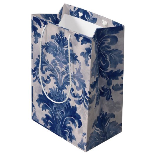 Elegant damast Blauw toile de jouy monogram Medium Cadeauzakje (Achterkant Gekanteld)