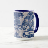 Elegant damast Blauw toile de jouy monogram Mok (Voorkant rechts)