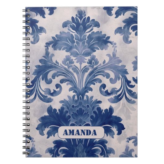 Elegant damast Blauw toile de jouy monogram Notitieboek (Voorkant)