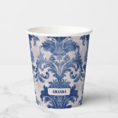 Elegant damast Blauw toile de jouy monogram Papieren Bekers (Achterkant)