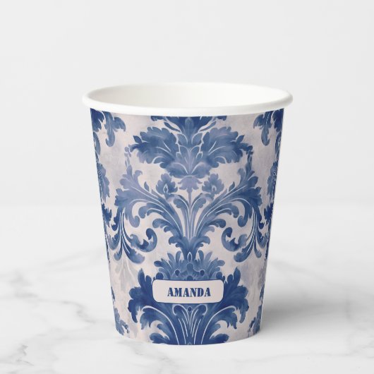 Elegant damast Blauw toile de jouy monogram Papieren Bekers (Achterkant)