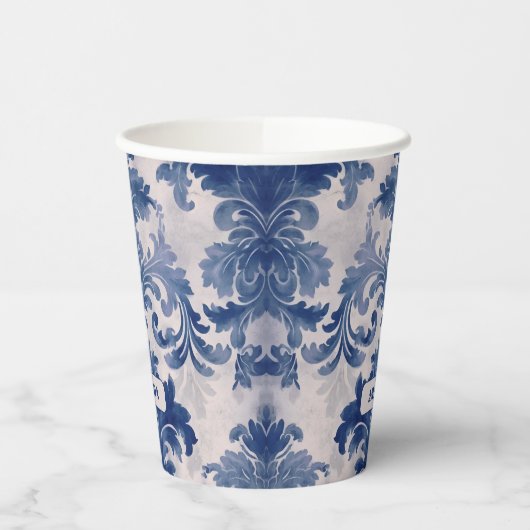 Elegant damast Blauw toile de jouy monogram Papieren Bekers (Links)