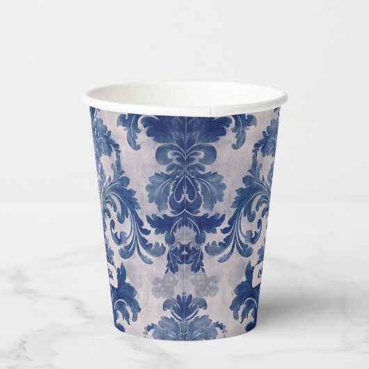 Elegant damast Blauw toile de jouy monogram Papieren Bekers (Rechts)