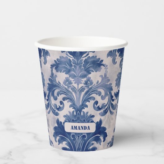 Elegant damast Blauw toile de jouy monogram Papieren Bekers (Voorkant)
