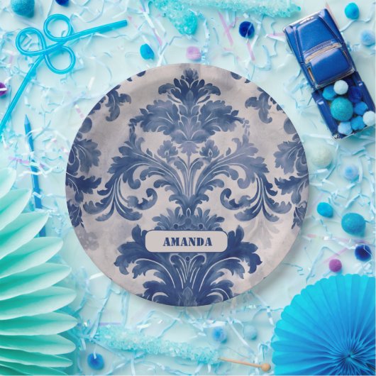 Elegant damast Blauw toile de jouy monogram Papieren Bordje (Feest)