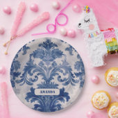 Elegant damast Blauw toile de jouy monogram Papieren Bordje (Feest)