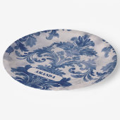 Elegant damast Blauw toile de jouy monogram Papieren Bordje (Gekanteld)