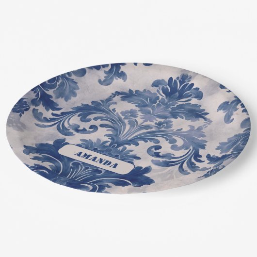 Elegant damast Blauw toile de jouy monogram Papieren Bordje (Gekanteld)