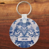 Elegant damast Blauw toile de jouy monogram Sleutelhanger (Achterkant)