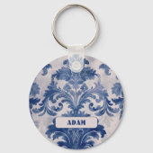 Elegant damast Blauw toile de jouy monogram Sleutelhanger (Achterkant)