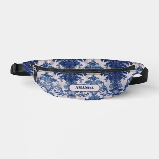 Elegant damast Blauw toile de jouy monogram Sling  Heuptasje (Voorkant)