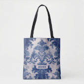 Elegant damast Blauw toile de jouy monogram Tote Bag (Voorkant)