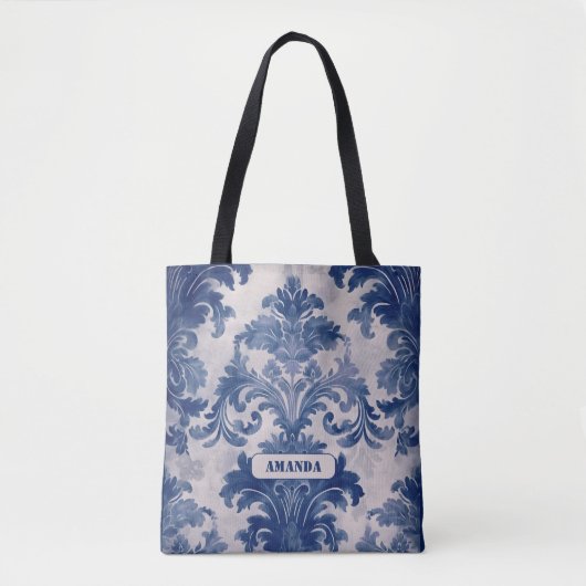 Elegant damast Blauw toile de jouy monogram Tote Bag (Voorkant)