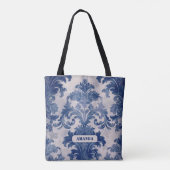 Elegant damast Blauw toile de jouy monogram Tote Bag (Achterkant)
