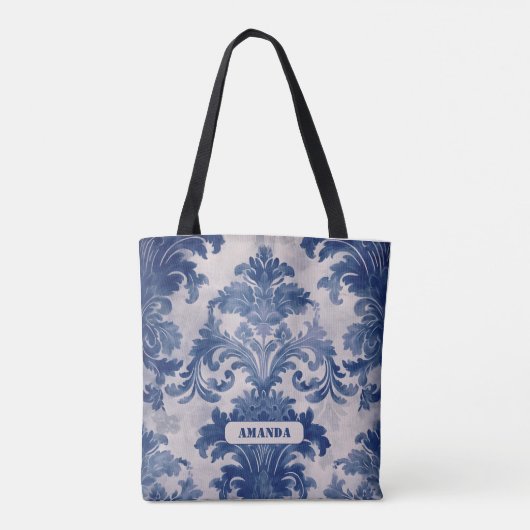Elegant damast Blauw toile de jouy monogram Tote Bag (Achterkant)