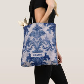 Elegant damast Blauw toile de jouy monogram Tote Bag (Dichtbij)