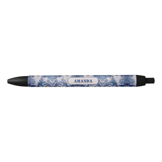 Elegant damast Blauw toile de jouy monogram Zwarte Inkt Pen (Voorkant)