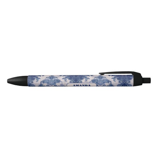 Elegant damast Blauw toile de jouy monogram Zwarte Inkt Pen (Bovenkant)