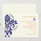 Elegant damast marineblauw, koraal, ivoor bruiloft kaart (Voorkant / Achterkant)