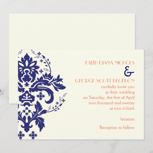 Elegant damast marineblauw, koraal, ivoor bruiloft kaart (Voorkant / Achterkant)
